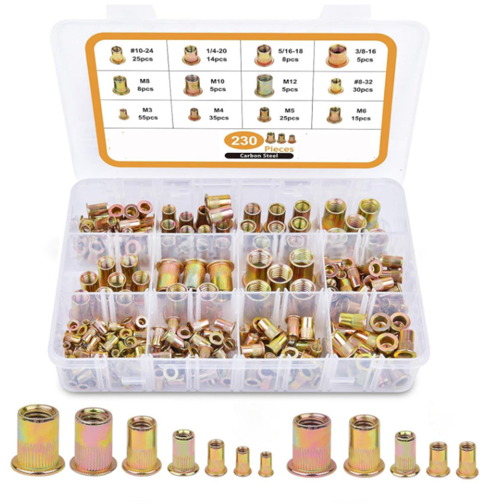 230Pcs Set Rivet Nuts Assortments Carbon Steel UNC Nutserts Rivnut Flat Head Insert Nut Assort