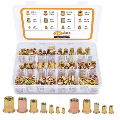 230Pcs Set Rivet Nuts Assortments Carbon Steel UNC Nutserts Rivnut Flat Head Insert Nut Assort