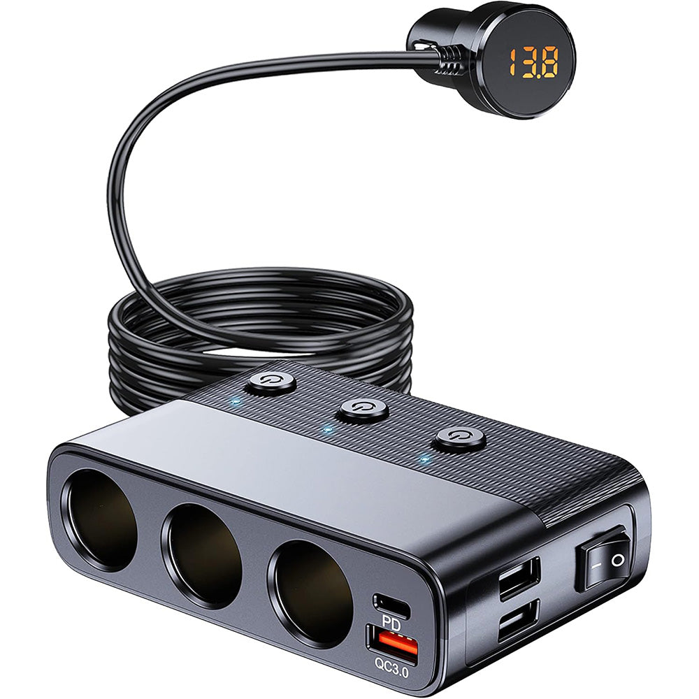 7 in 1 Cigarette Lighter Splitter QC3.0 PD 30W Charging 3 Socket Car Charger Adapter