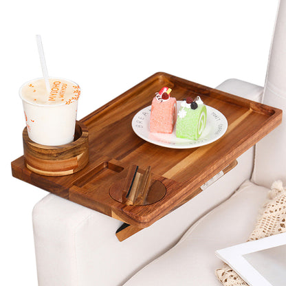 3-in-1 Wood Sofa Arm Tray Snap-on Couch Snack Cup Armrest Table with 360-Degree Rotating Phone Holder