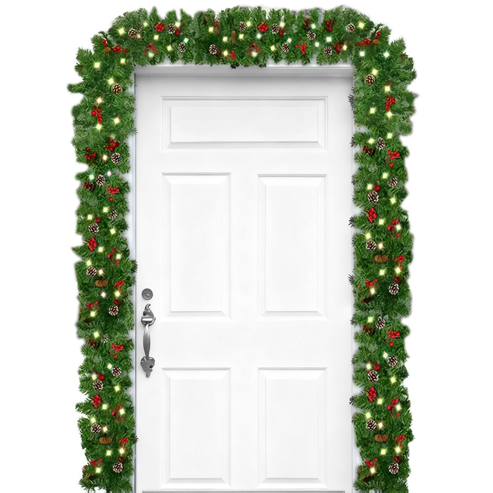 270cm Christmas Garland with Warm White LED Lights for Fireplace Porch & Outdoor Home Decor