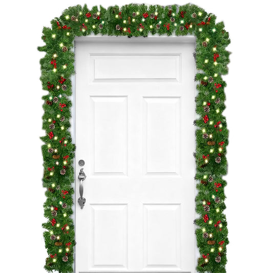 270cm Christmas Garland with Warm White LED Lights for Fireplace Porch & Outdoor Home Decor