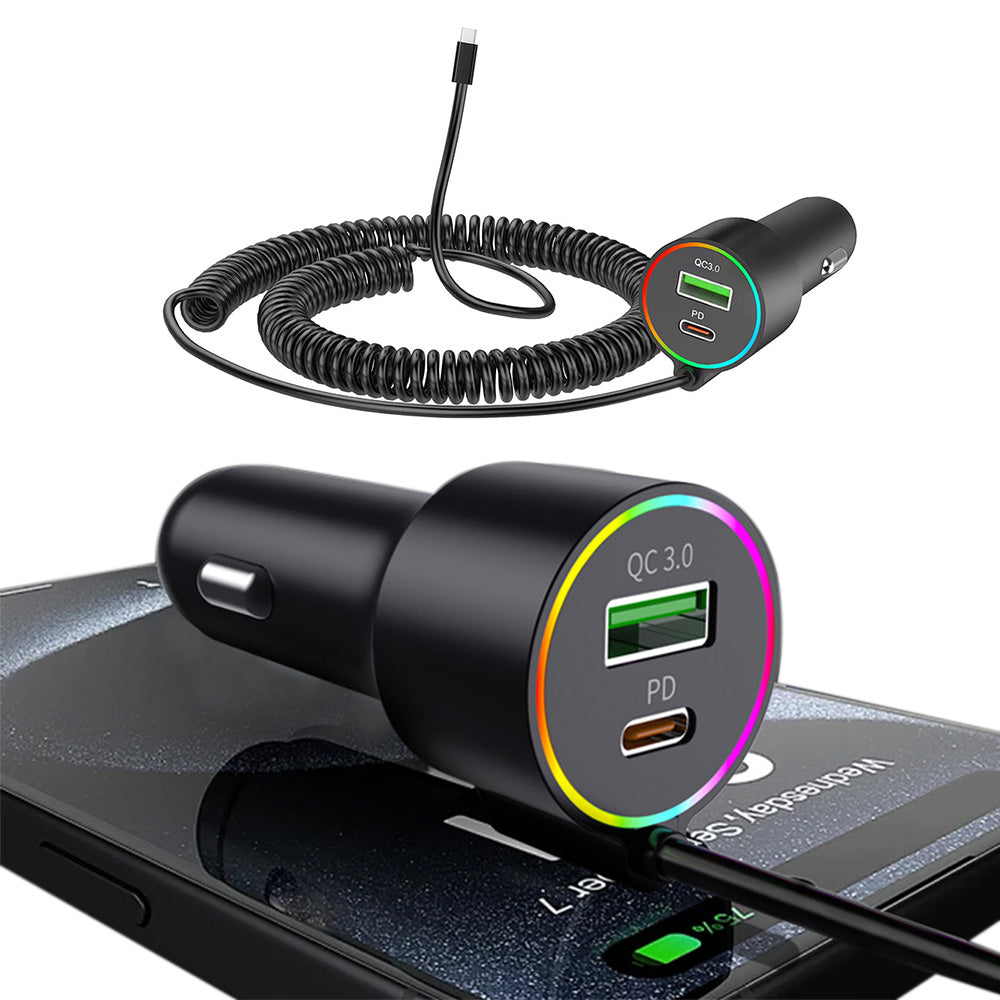 3-in-1 Car Charger ¨C Retractable Coiled Cable with USB and Type-C Fast Charging