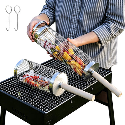 2 Pack Rolling Grill Basket with Wooden Handle