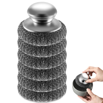 Scourer with Handle Stainless Steel Kitchen Scrubber Metal Scourers with 5 Replacement Heads