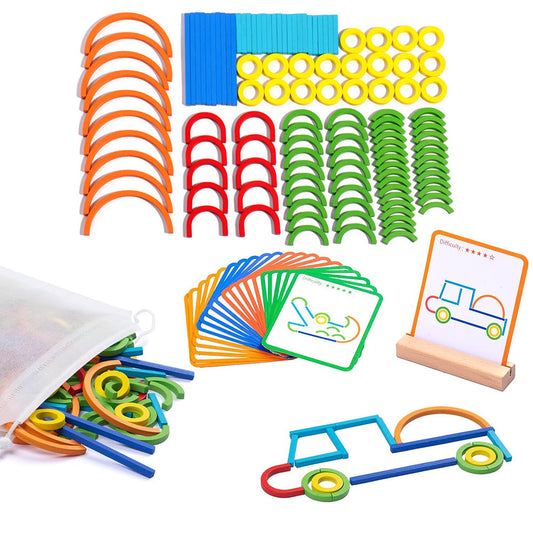 142Pcs Wooden Pattern Blocks Set with Sticks and Rings STEM Brain Teaser Toys