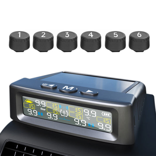 USB/Solar Powered TPMS Tire Pressure Monitor with LCD Display for for 6-Wheel Vehicles 0-9.9BAR/144PSI Range