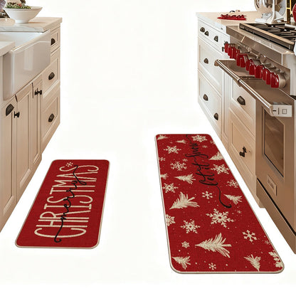 2Pcs Merry Christmas Kitchen Rugs Holiday Print Mats Home Kitchen Decor