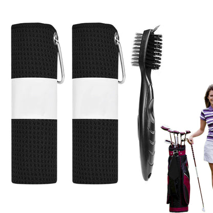 2Pcs Microfiber Golf Towels with Club Brush Waffle Pattern Fishing Towels