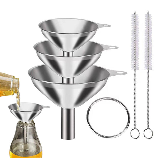 6PCS Stainless Steel Mini Funnels with Cleaning Brushes for Kitchen