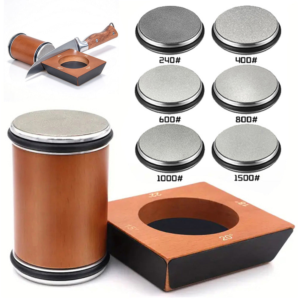 Rolling Knife Sharpener Kit with 6 Diamond Discs and Angle Guide Base - Brown Four Angle
