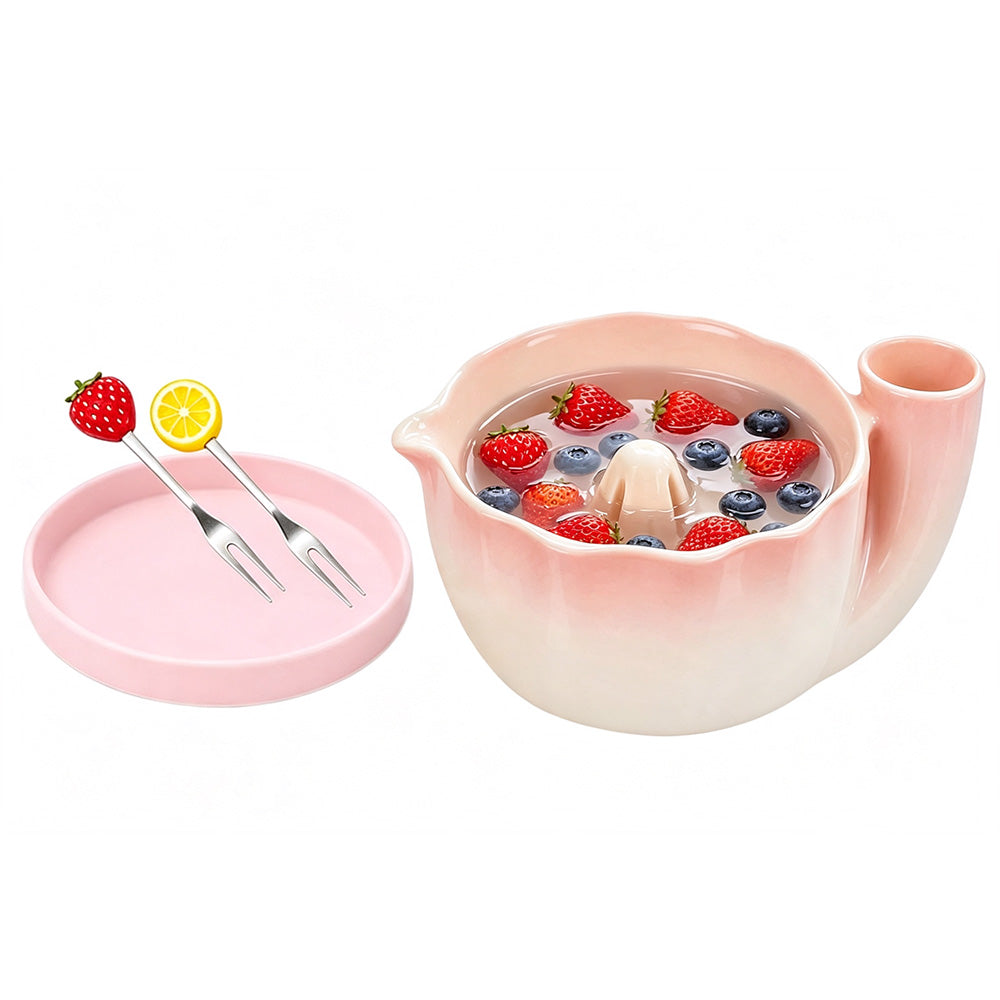 Self-Spinning Ceramic Berry Washing Bowl Set with  2 Fruit Forks -Pink