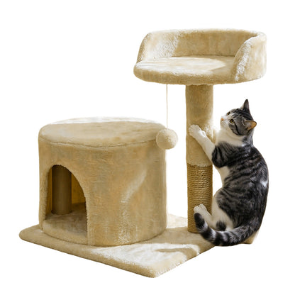 Small Cat Tree Tower with Enclosed Condo Scratching Post and Hanging Toy - Beige
