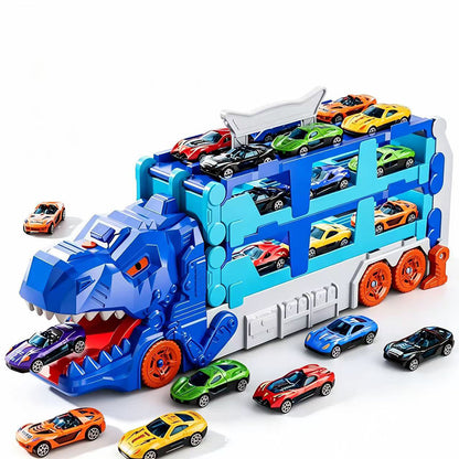 Foldable Dinosaur Truck with Dual Tracks and 6 Small Cars - Blue