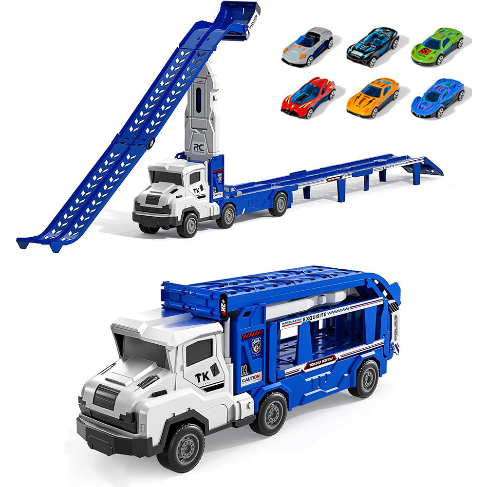 Large Dual Track Transporter Truck Toy Set with 6 Alloy Racing Cars - Blue