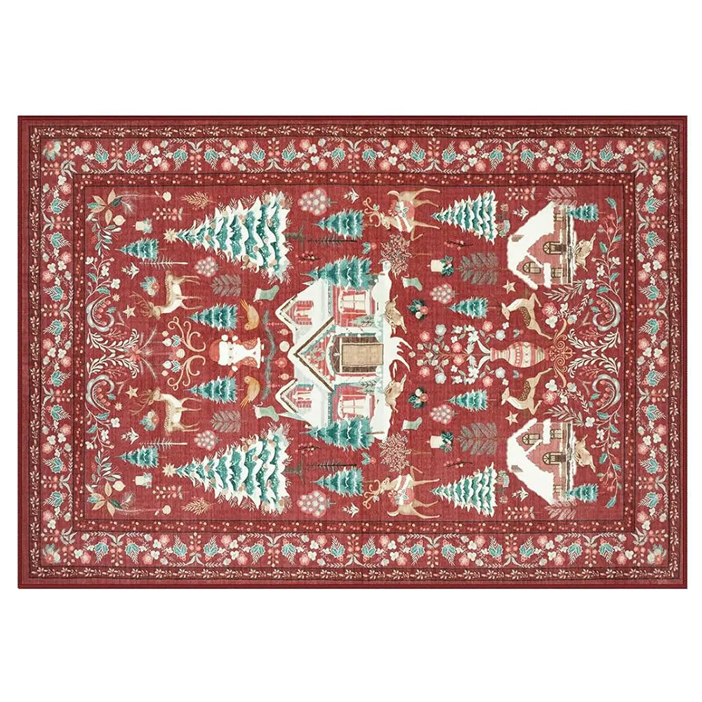 Vintage Christmas Crystal Velvet Area Rug Non-Slip Living Room Floor Mat - Red