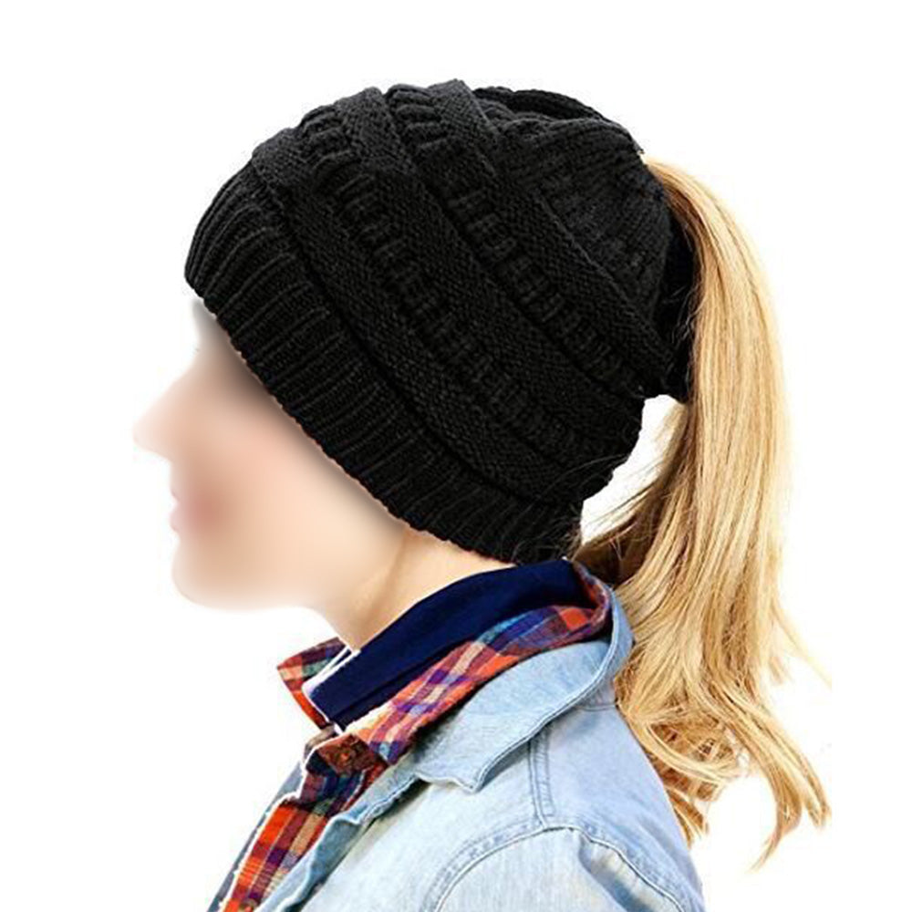 Winter Cable Knit Ponytail Beanie High Bun Crochet Hat - Black
