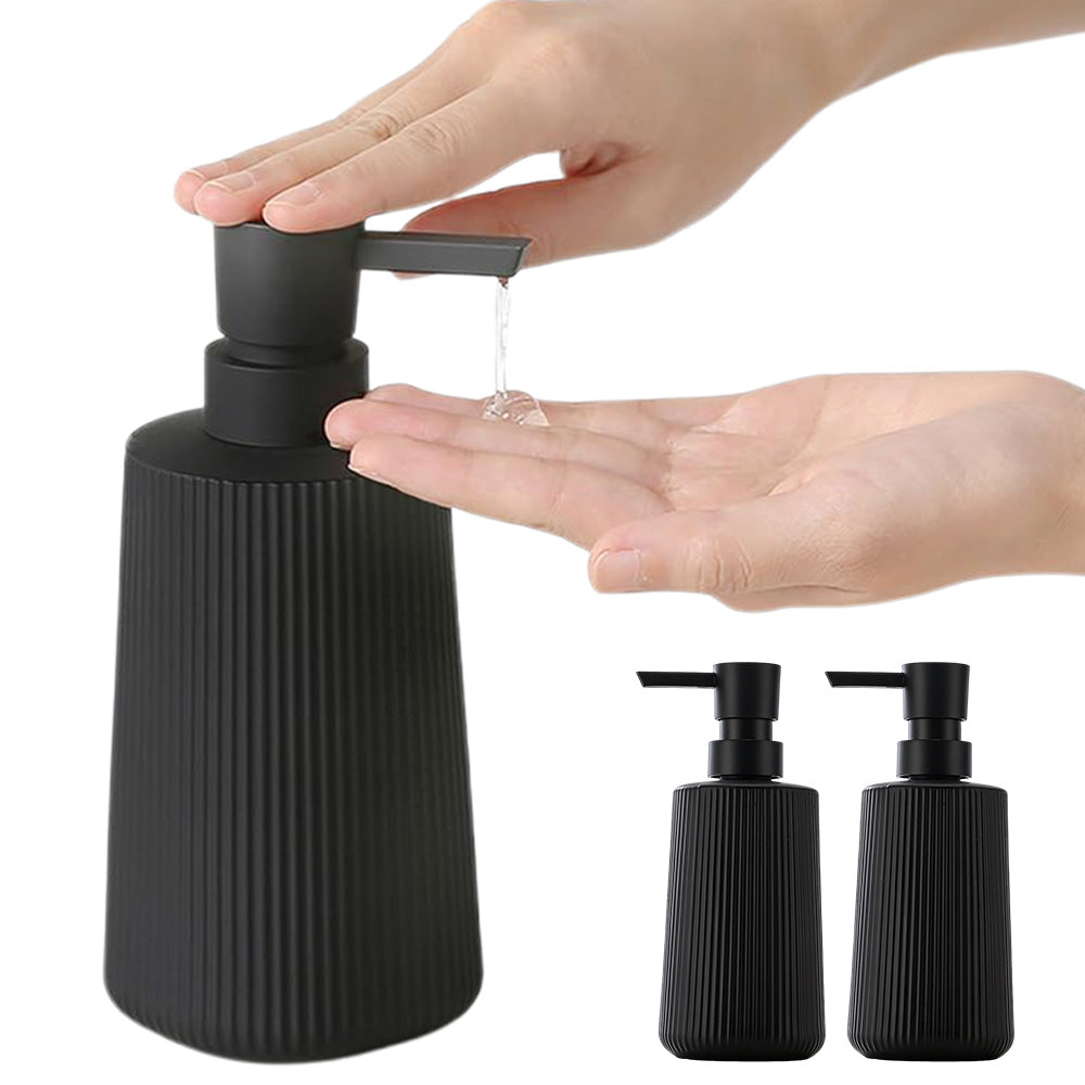2 Ribbed Glass Soap Dispenser Bottles 350ml for Bathroom Kitchen - Black