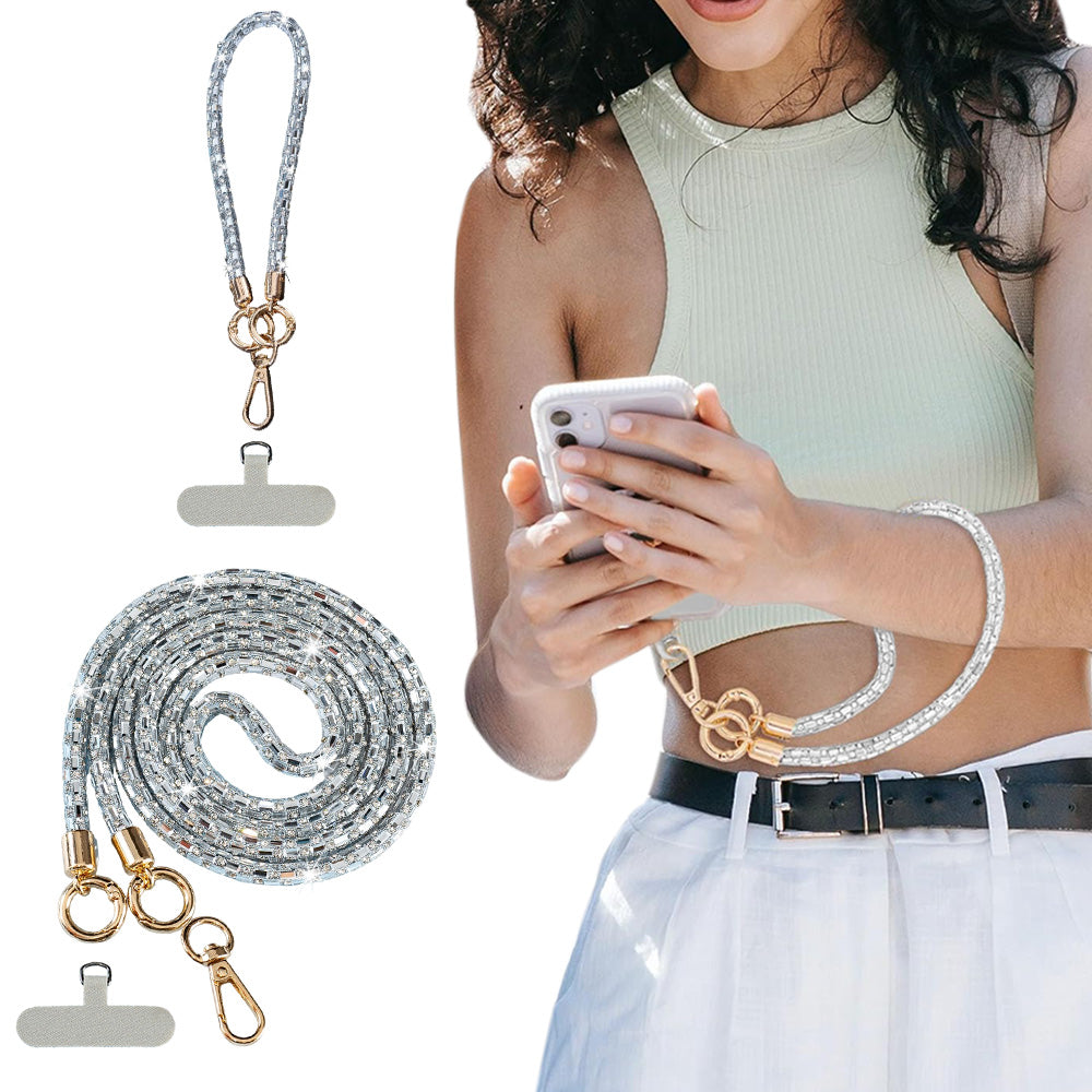 Crossbody Phone Lanyard with Wrist Strap and Locking Clips - Silver