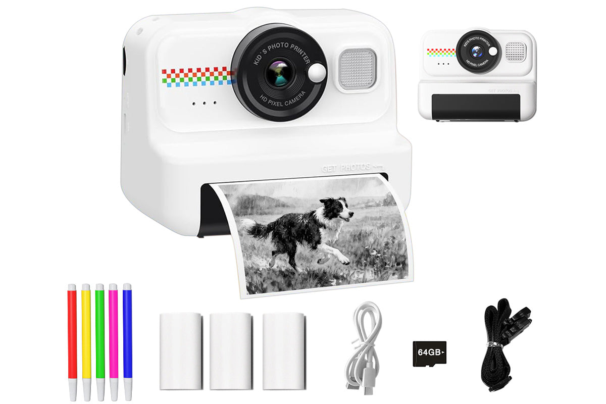 boy and girls Camera Instant Print 1080P Selfie Digital Camera with 64GB Card-White