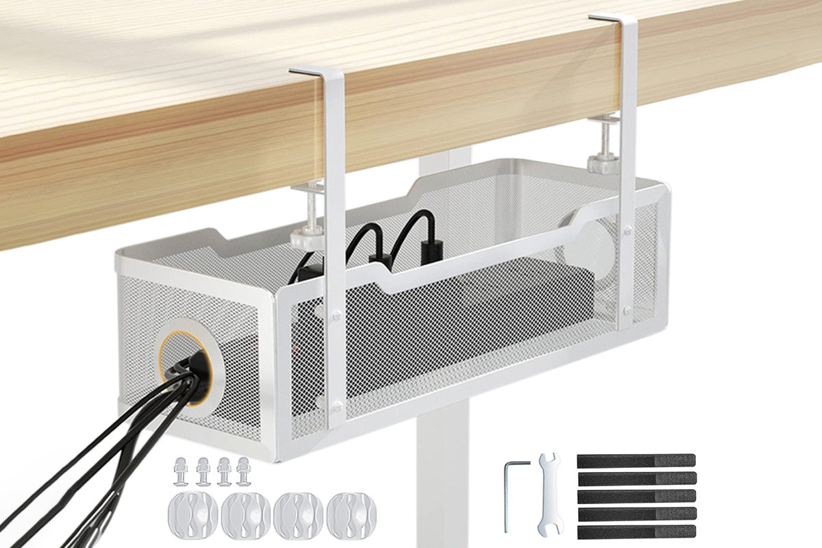 Iron Mesh Under Desk Cable Management Tray No Drill With Clamp Mount -White