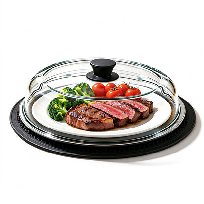 Microwave Glass Splatter Cover with Silicone Trivet Dual Vents - Black
