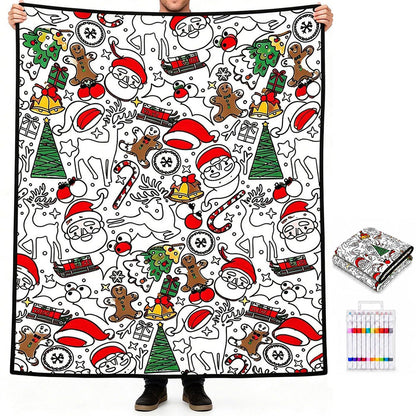 Adult DIY Christmas Coloring Blanket Black and White Line Art - Santa