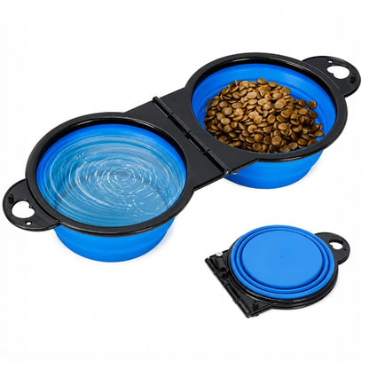 Portable Foldable Dual Pet Bowls for Cats Dogs Outdoor Home Use - Blue