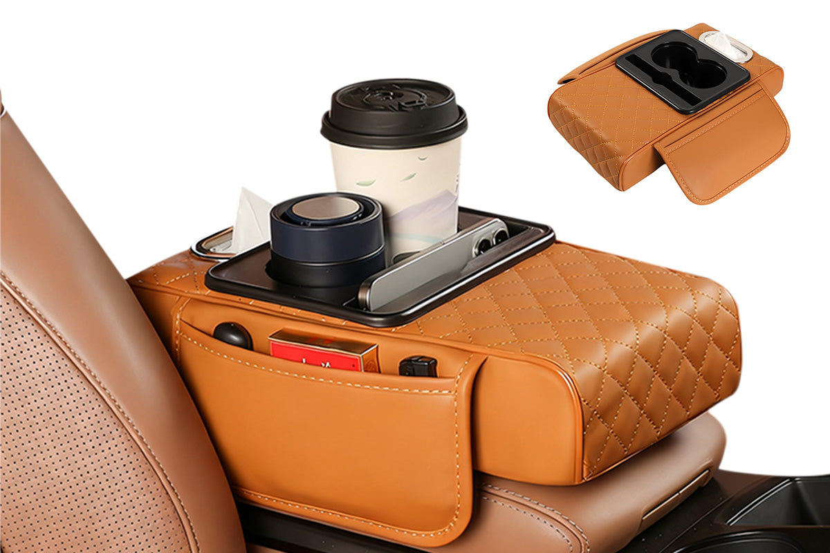Car Armrest Cushion Organizer with Cup Holder Center Console Booster Pad-Brown