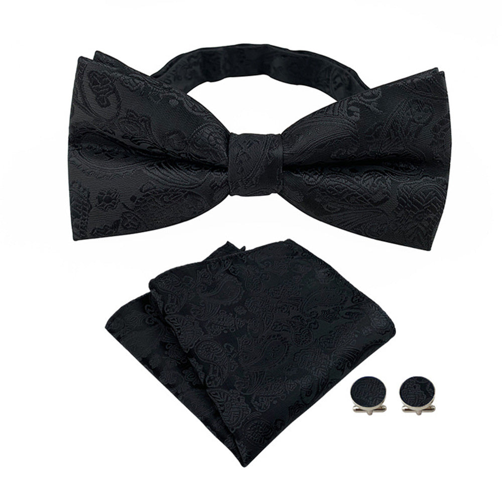 4 Piece Mens Jacquard Pre Tied Bow Tie Pocket Square and Cufflink Set - Black