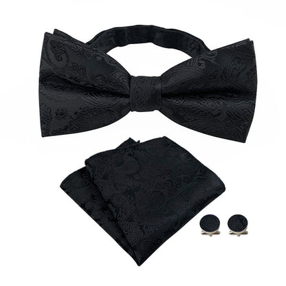 4 Piece Mens Jacquard Pre Tied Bow Tie Pocket Square and Cufflink Set - Black