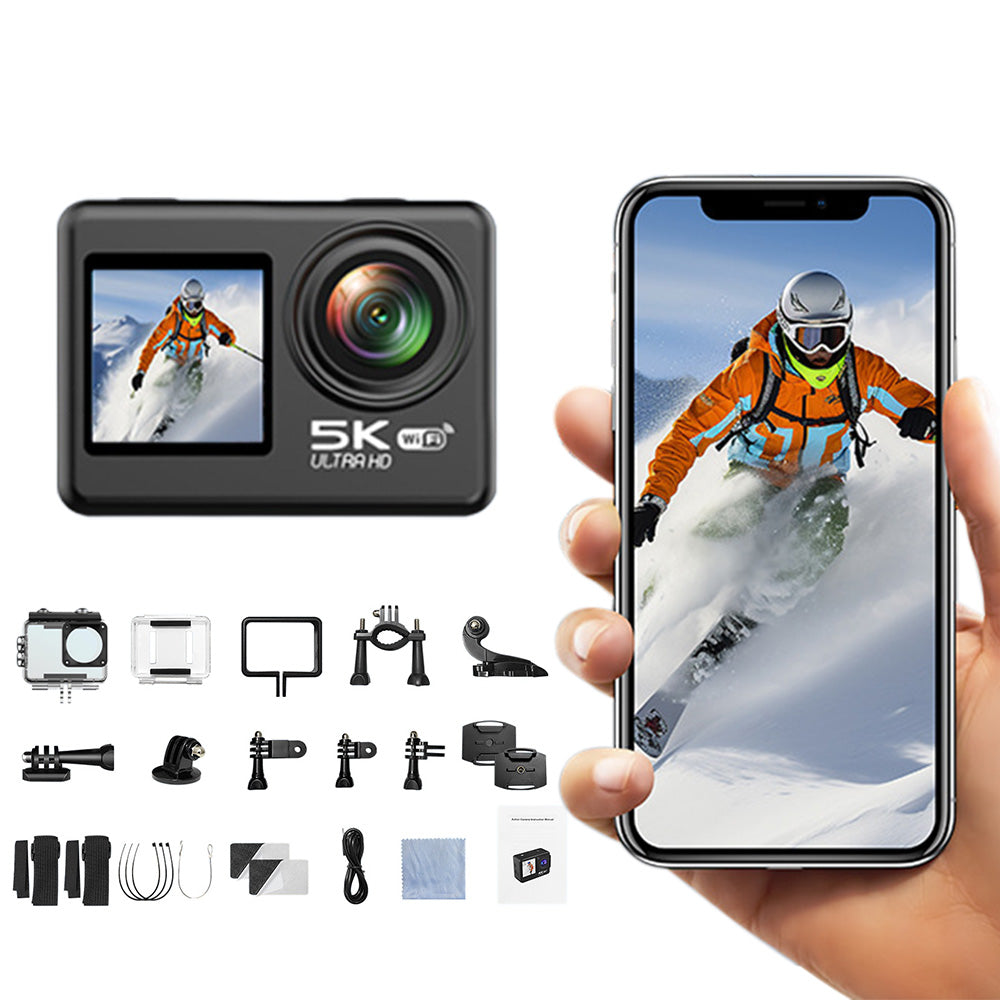 5K 30FPS Action Camera with Waterproof Case Dual Screens and EIS Stabilization