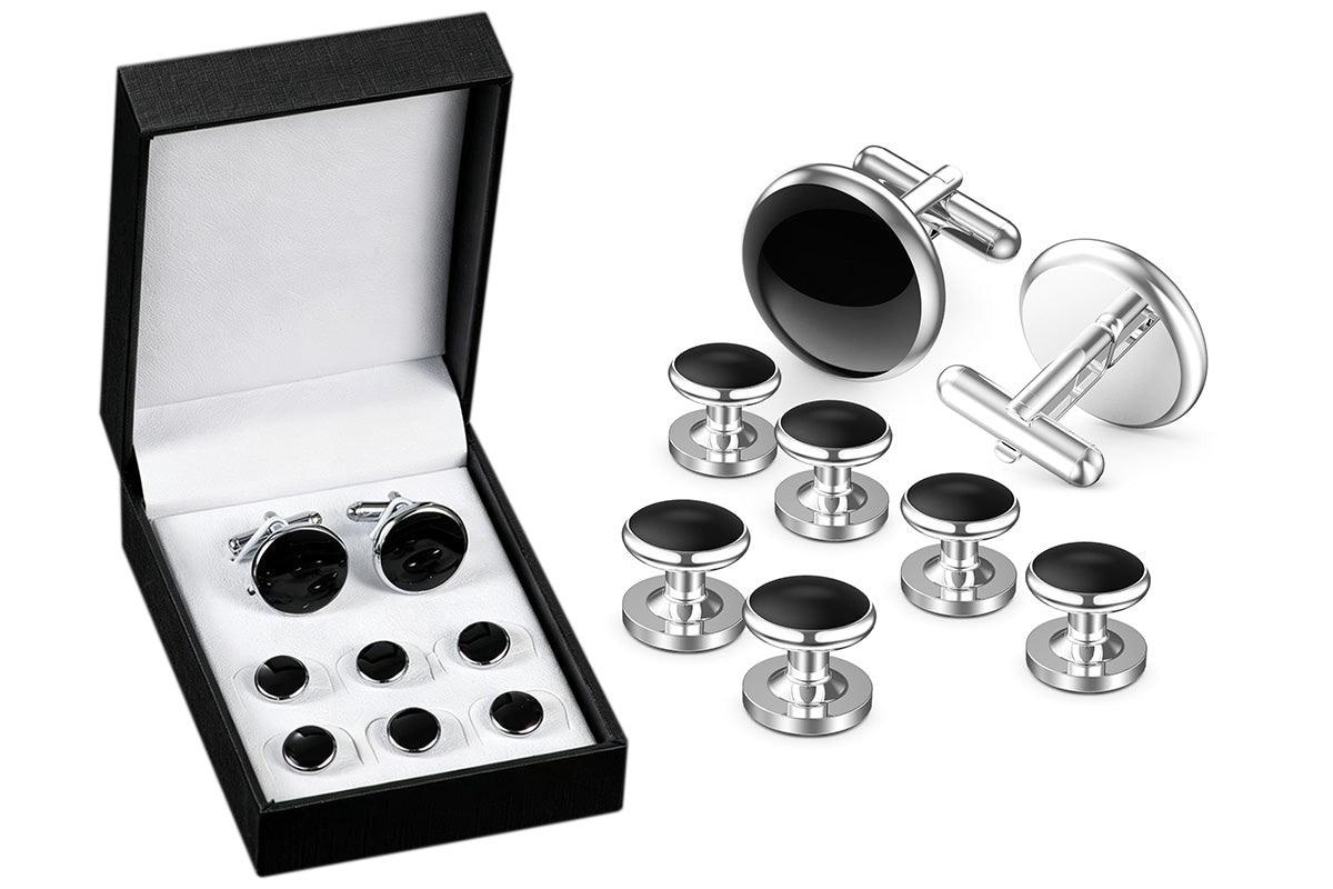 8 Pieces Men Tuxedo Cufflink and Shirt Stud Set for Weddings Parties - Silver