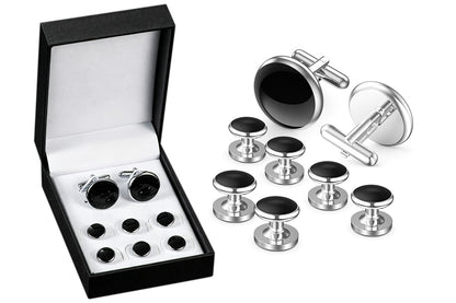 8 Pieces Men Tuxedo Cufflink and Shirt Stud Set for Weddings Parties - Silver