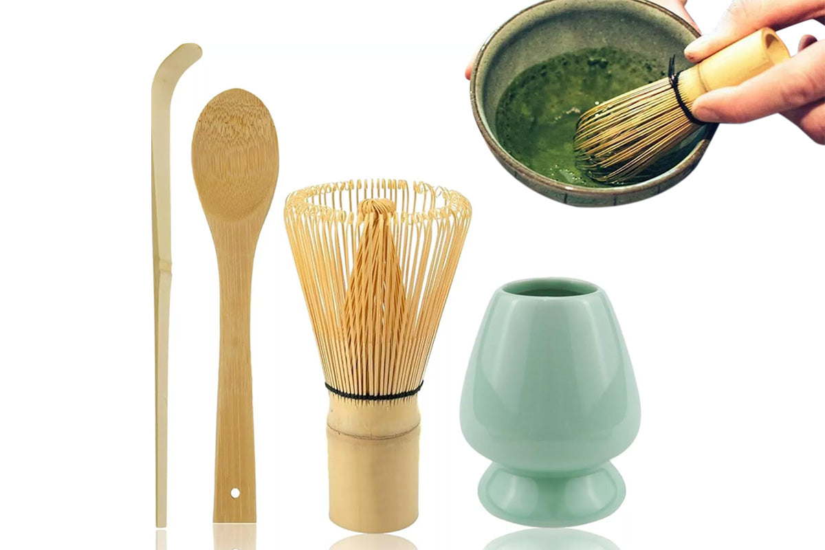 4Pcs Bamboo Matcha Whisk Set Chasen Chashaku Matcha Whisk for Tea Ceremony-Turquoise