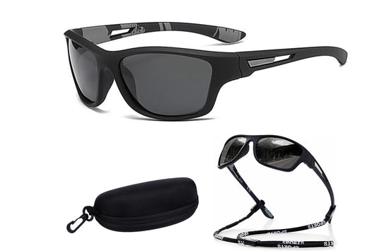 Men Sunglasses Polarized Glasses Fishing Wrap Around Eyewear with Strap and Zippered Case-Black
