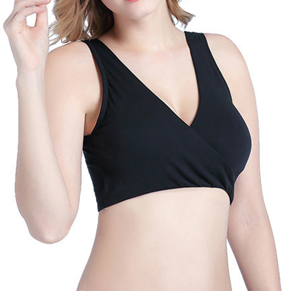 Wireless Cross Front Lounge Bra with Removable Pads - Black