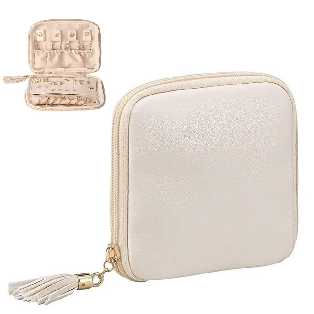 PU Leather Travel Jewelry Organizer Bag with Velvet Lining - White