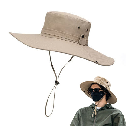 Foldable Wide Brim UV Sun Hat with Wind Strap for Fishing Hiking - Khaki