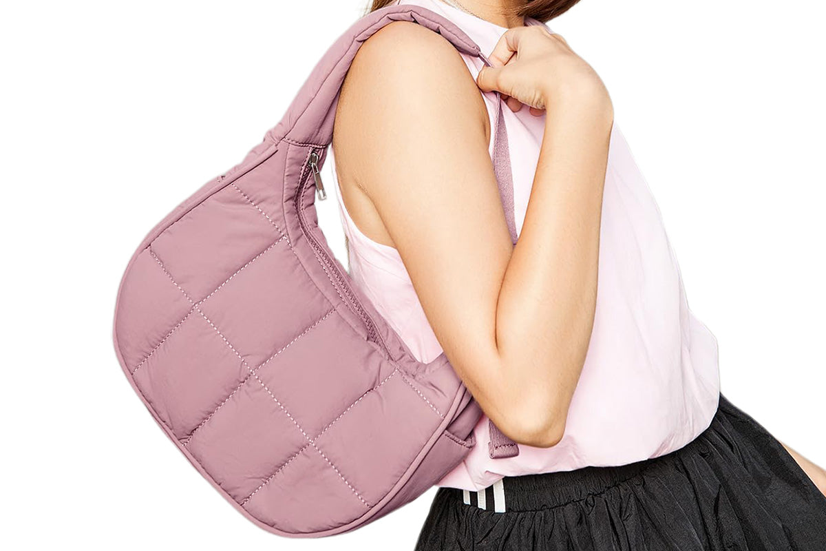 Puffer Crescent Shoulder Bag for Women Quilted Handbag with Adjustable Strap -Pink