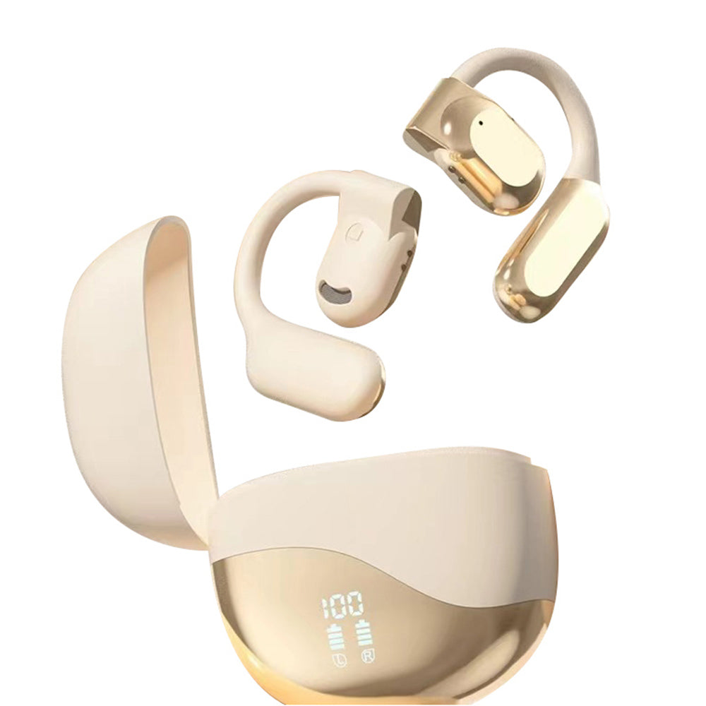 Open Ear Headphone Bluetooth Wireless Earbud Sport Over Ear Earhooks LED Power Display Earphone Beige