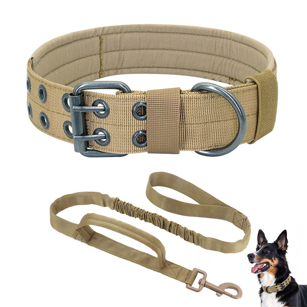 Adjustable Padded Nylon Dog Collar and Leash Set for Large Dogs - Khaki