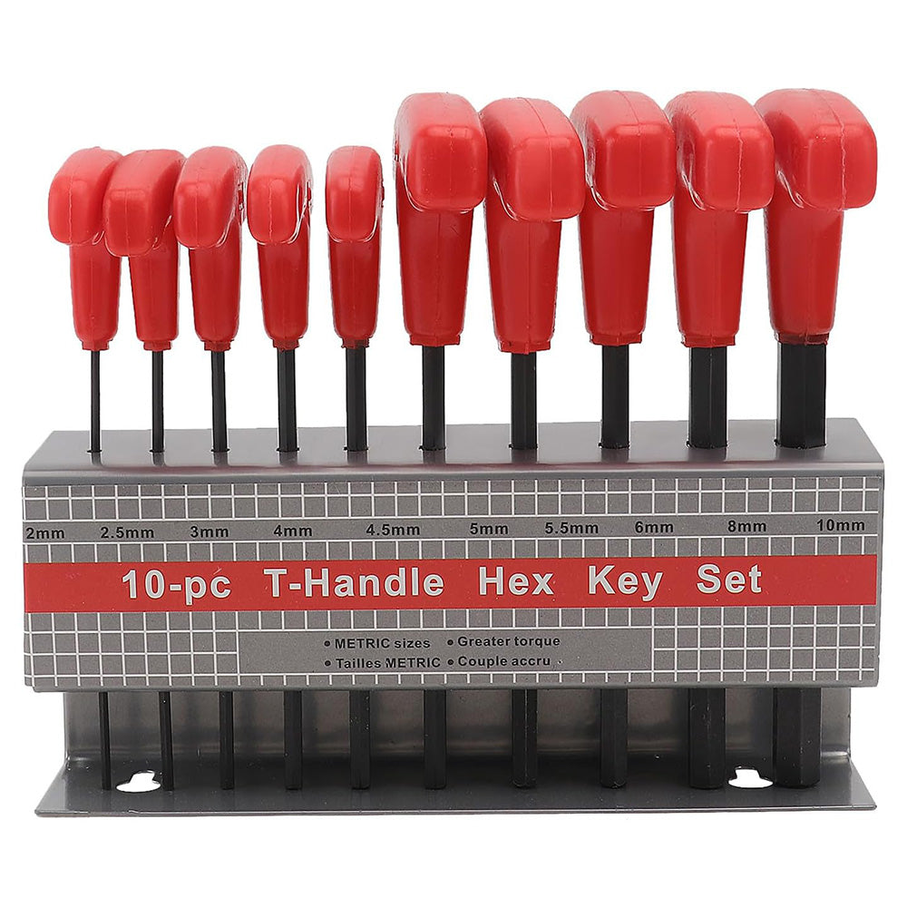 10 Piece CRV T Handle Hex Key Wrench Set with Metal Storage Stand - Red