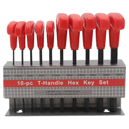 10 Piece CRV T Handle Hex Key Wrench Set with Metal Storage Stand - Red