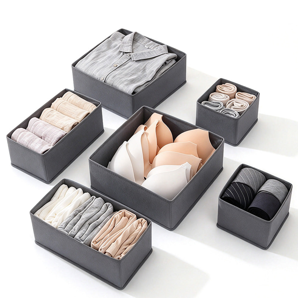 6 Piece Foldable Nonwoven Drawer Organizer Bins with Zippers - Grey