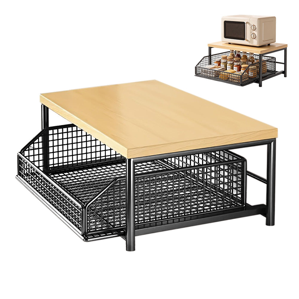 Kitchen Countertop Riser Storage Rack with Pull Out Drawer Basket - Black