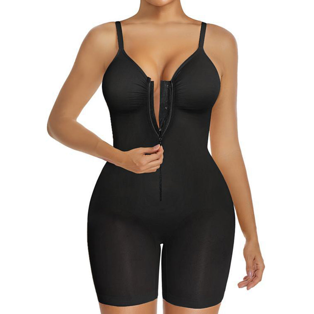 Shaping Bodysuit with Front Zipper Hook and Adjustable Straps - Black