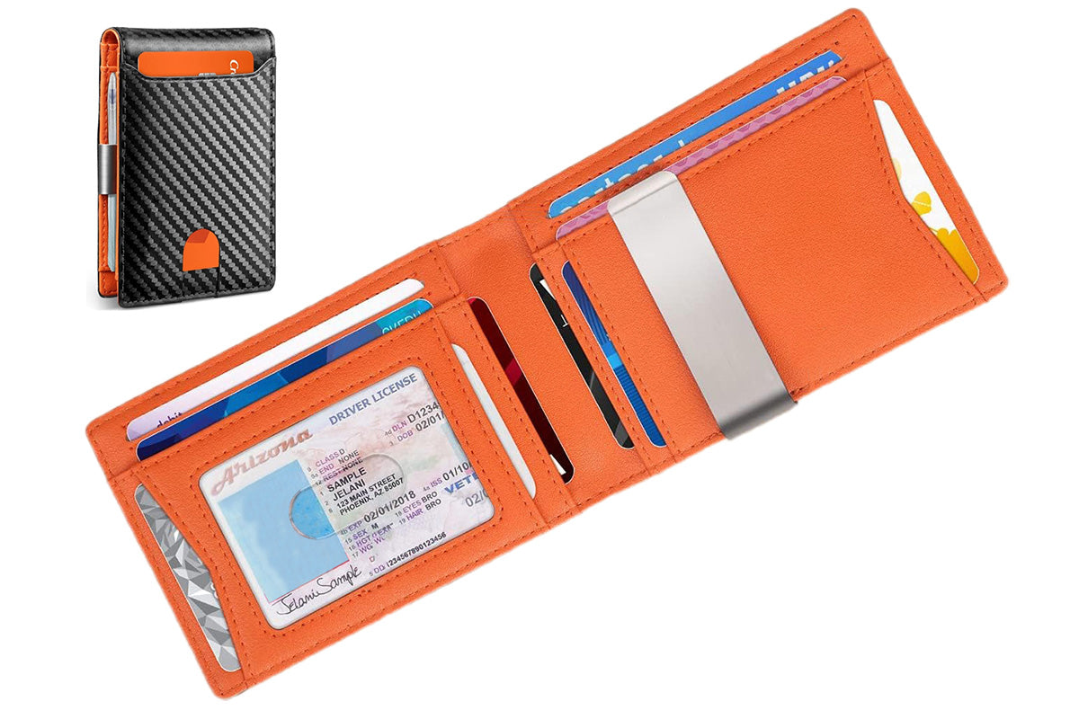 PU Leather Wallet RFID Blocking Front Pocket Bifold Card Holder-Orange