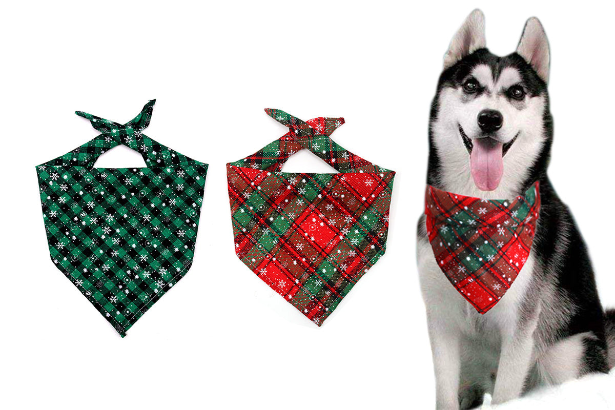 2Pcs Snowflakes Christmas Dog Bandana Buffalo Plaid Pet Scarf Dog Triangle Bandana-Plaid snowflake and Green check snowflake
