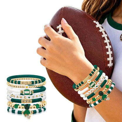 7 Piece Elastic Clay Bead Football Bracelet Stack Set - Green